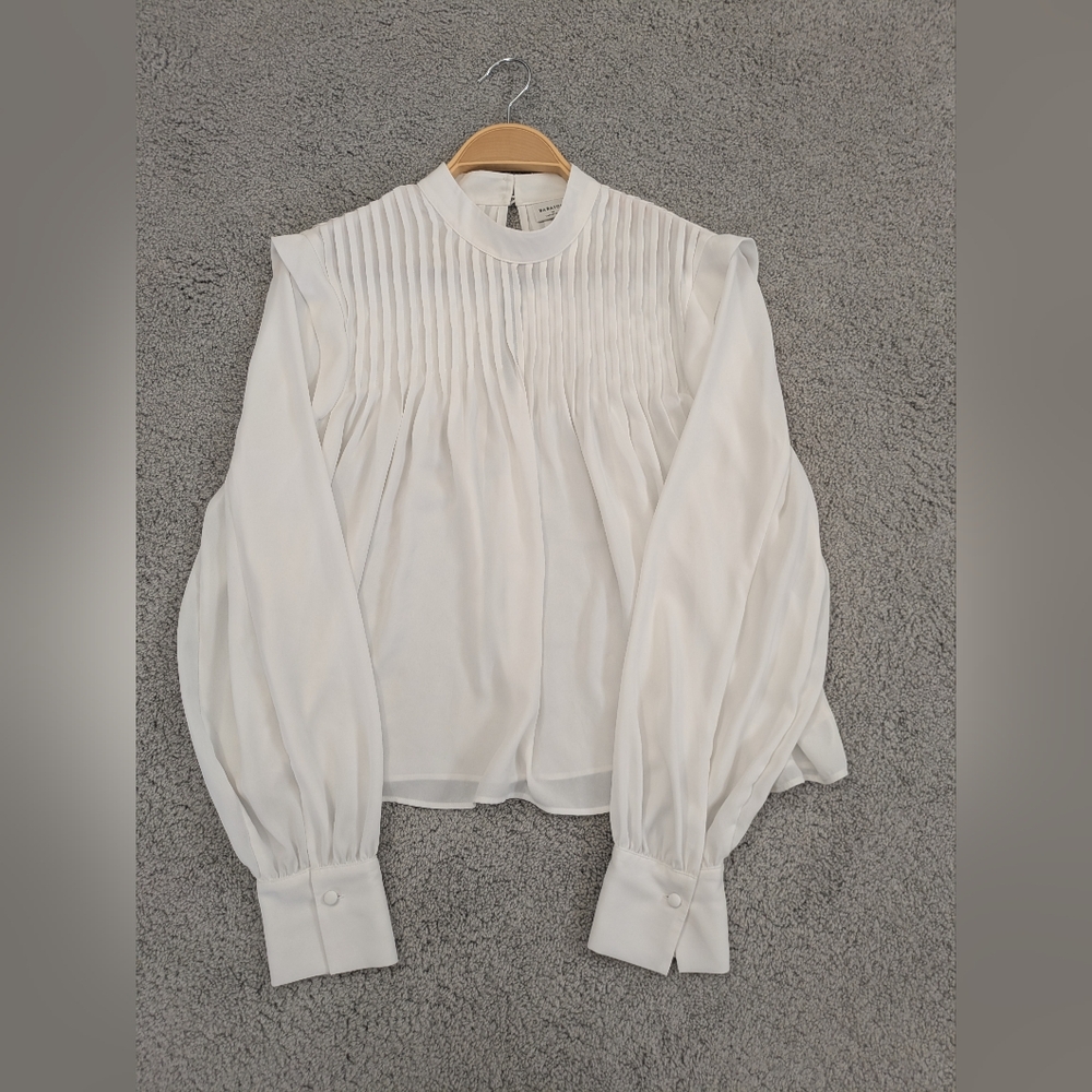 Babaton White Pleated Blouse with Bib Collar